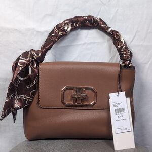 Nicole Miller Elegant Brown Shoulder Bag with Scarf Wrapped Chain Handle NWT